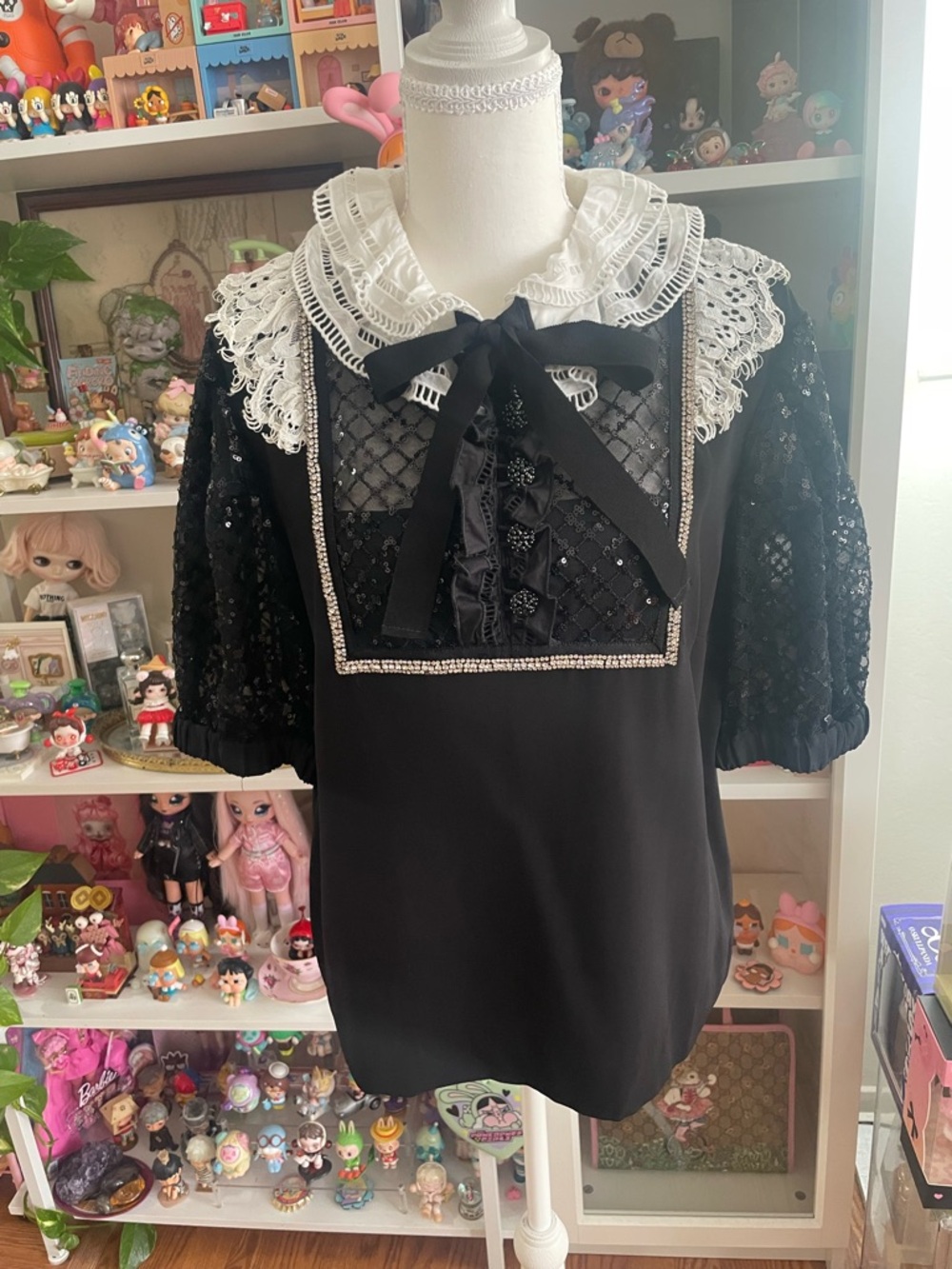 Self-Portrait Black Sequin Lace Collar Bow Top US 10 UK 14